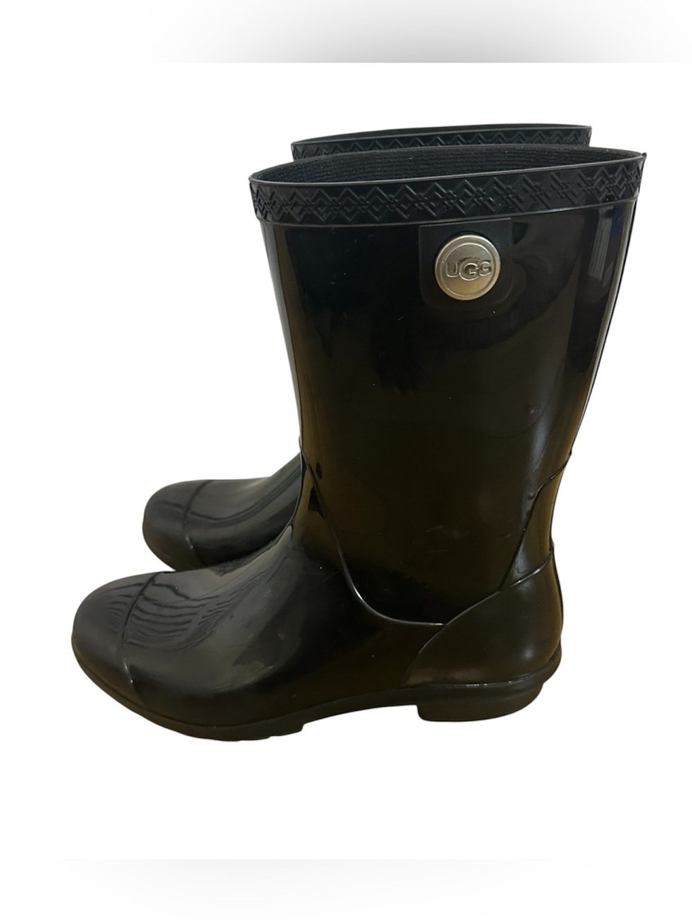 UGG Waterproof Sienna Glossy Mid-Calf Rain Boots Black Sheepskin-Lined Size 8